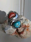 Vintage Navajo Sterling Silver Ring Turquoise & Coral Signed, Size 6