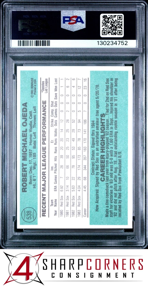 1984 DONRUSS #538 BOB OJEDA RED SOX PSA 10 - Image 2 of 3