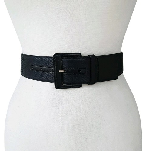 Vtg CHRISTIAN DIOR Black Snake Embossed Wide Leather Belt w/Covered Buckle Sz S