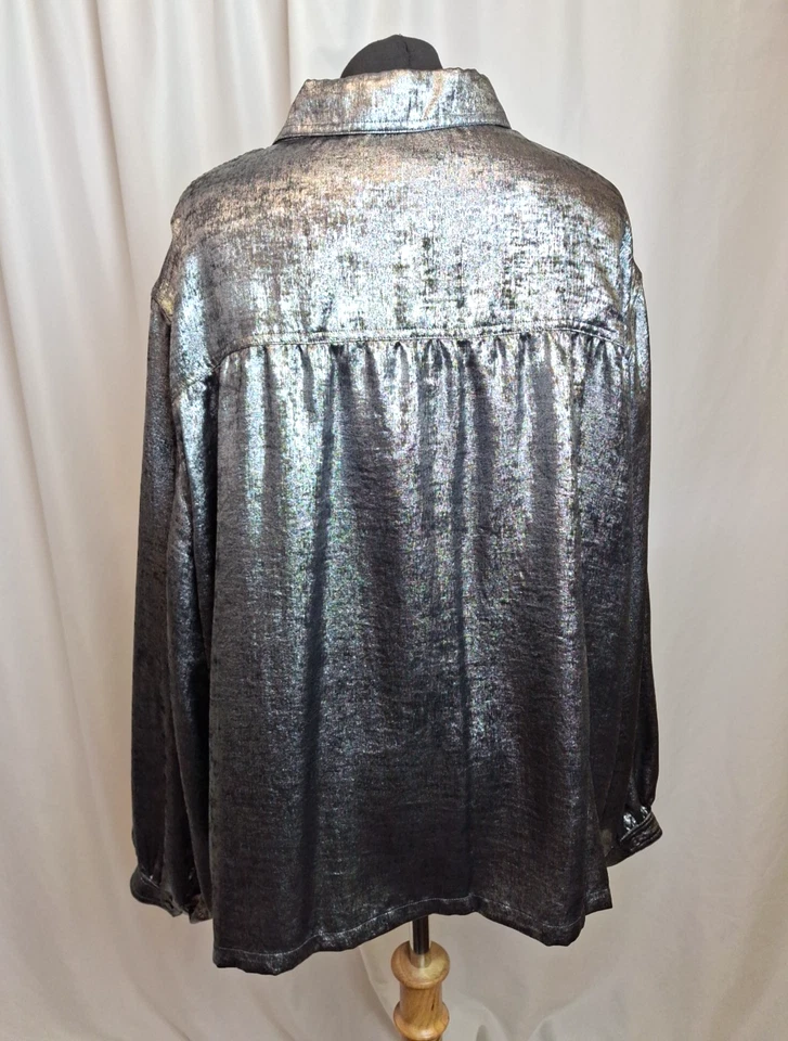 M&S Per Una Metallic Shirt Blouse Silver Shiny Glitter Women's UK24 NWT C5061 - Image 2 of 4
