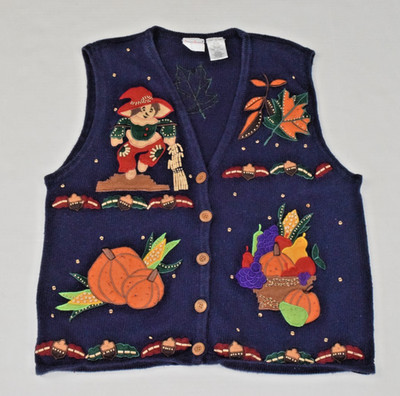 Vintage Sweater Vest Bobbie Brooks Size L Y2K Autumn Fall Scarecrow Pumpkins