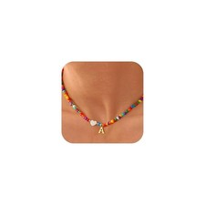 Valentines Day Gifts for Kids Women Girls - Colorful Beaded Initial Necklace A