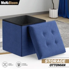 15" Navy Blue Folding Storage Ottoman Foot Stool Bench Chest w/Flipping Lid