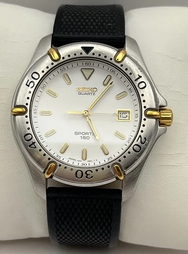 Vintage 1998 Seiko Sports 150 7N42-6A8A Two-Tone White Dial Diver New Battery