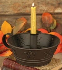 Primitive Tin Punched Star Dish Candle Holder,  Rustic Brown for Taper Candle