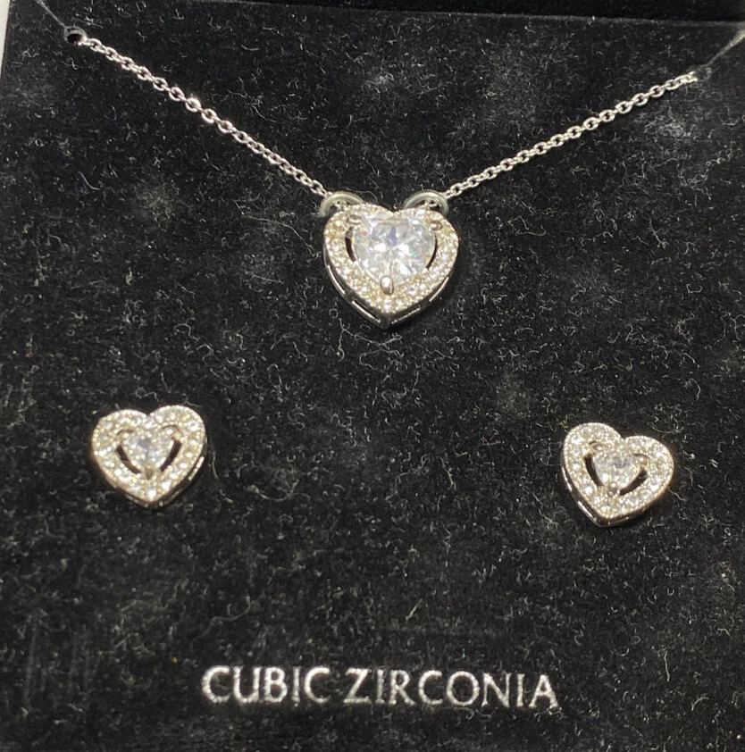 DANECRAFT FINE SILVER PLATE CUBIC ZIRCONIA HEART NECKLACE EARRINGS SET JEWELRY - Image 4 of 4