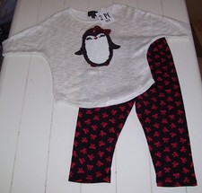 Girls Lilt 2 Pc Sequin Penguin Sweater Top Black with Red Bow Leggings Outfit 5