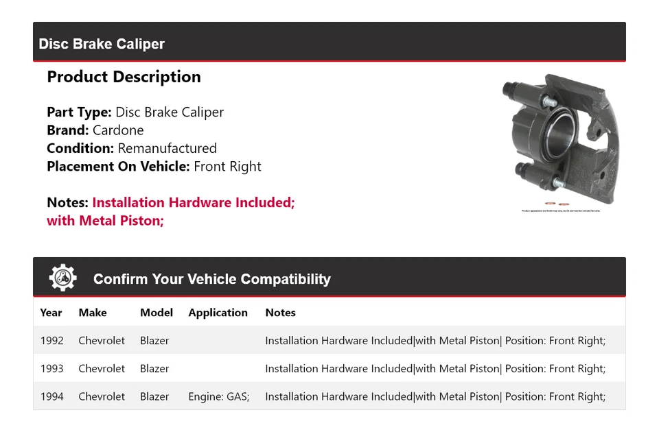 For 1992-1994 Chevrolet Blazer Disc Brake Caliper Front Right Cardone 1993 - Image 2 of 4