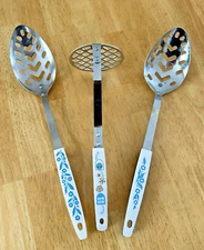 Vintage Blue Large Slotted Spoons & Masher
