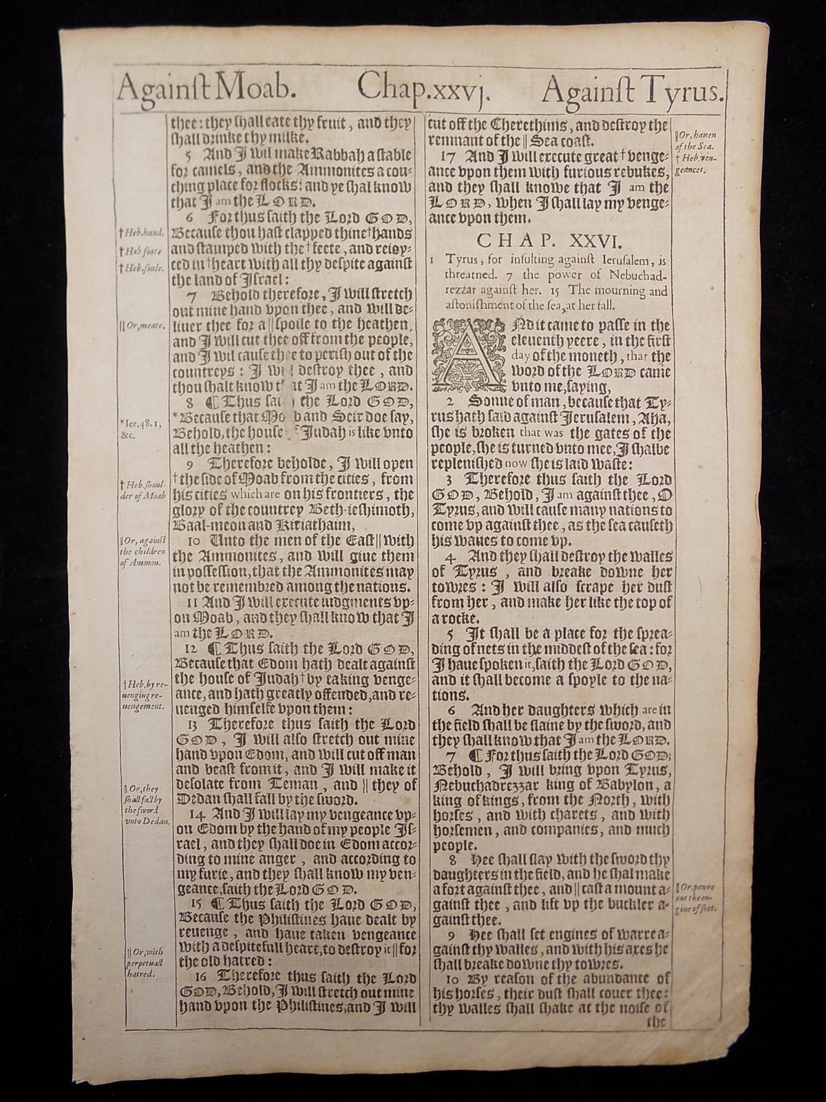 1611 KJV KING JAMES BIBLE LEAF PAGE * BOOK OF EZEKIEL 25:5-27:11 TYRUS ...