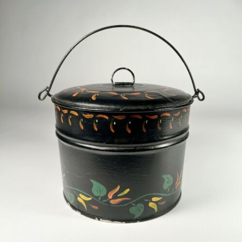 Vintage Hand Painted Tin Pail-bucket With Lid Toleware, Tinware Black Floral - Picture 1 of 12