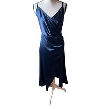 Cider Women Sexy Stain Faux Wrap High Slit Spaghetti Strap Navy Blue Dress Sz L