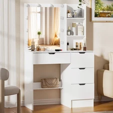 Vanity Desk w/ LED Lighted Mirror Makeup Vanity Set with 3 Color Light 4 Drawers