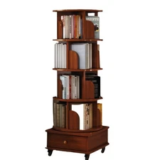 Rotating Bookshelf w/ Drawer - 5-Tier Wood - Space-Efficient-Bedroom/Living Room
