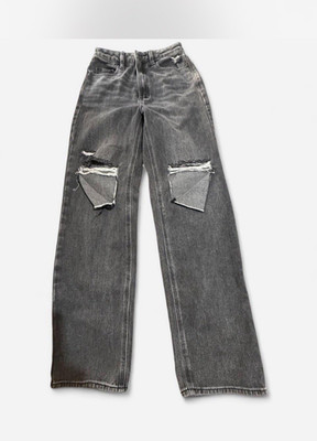 Women s Gray Distressed Wide-Leg Denim Jeans Cotton Blend 5-Pocket Med Wash 0