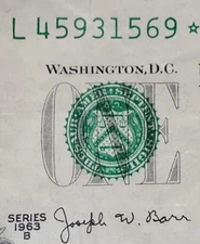 $1 Bill Series 1963B Joseph Barr STAR Note FRB "L" San Francisco- L 45931569 *