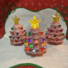 Set Of 3 Pink Mr. Christmas Trees All Work 4.5  Tall Ceramic