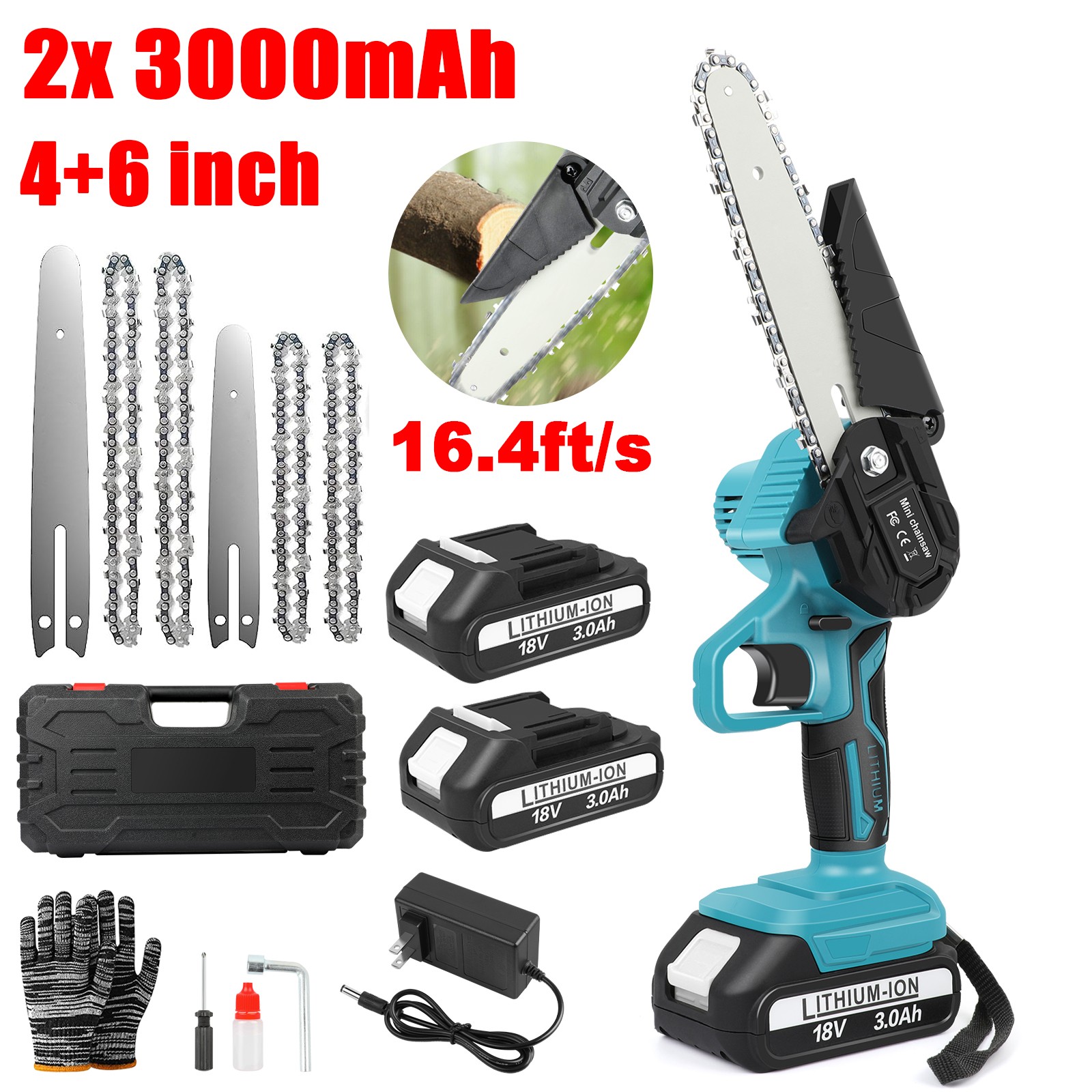 4+6" Electric Mini Chainsaw Cordless Handheld Chain Saw +2 Batteries ...
