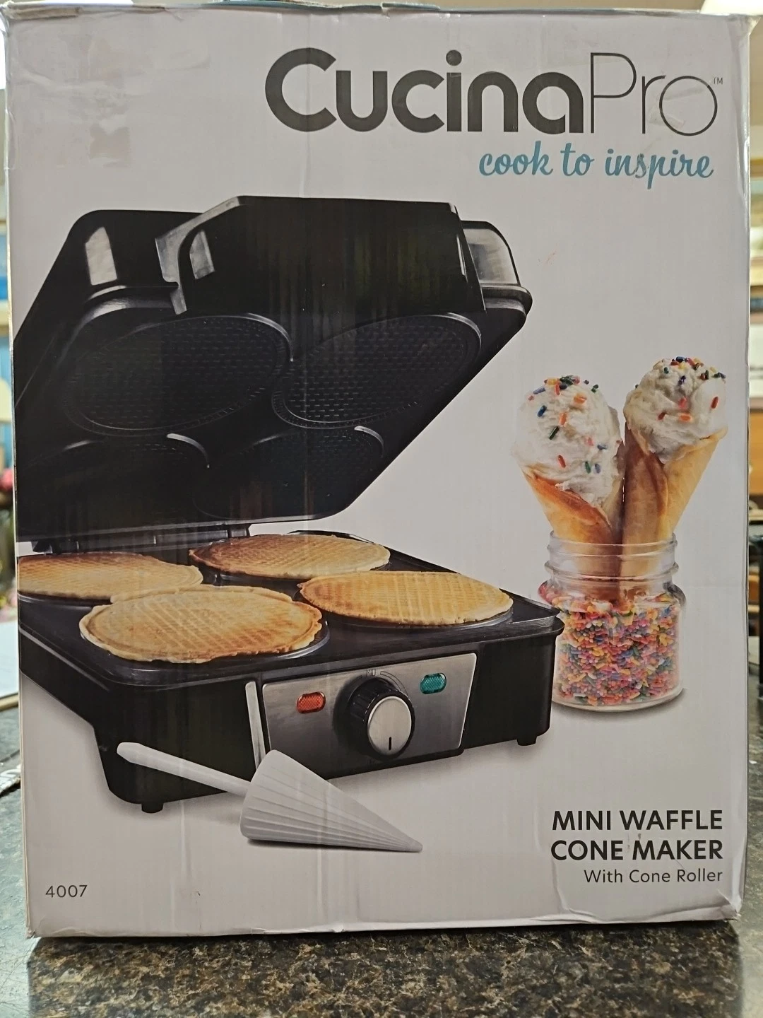 CucinaPro Mini Waffle Ice Cream Cone Maker - Bake 4 Homemade Mini Cones at Once