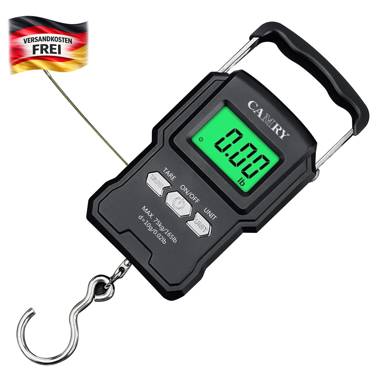 Digitale Kofferwaage 75kg Elektronische Fischwaage Handwaage mit Maßband Beleuch