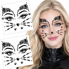Black Cat Face Stickers, Cat Jewels, Halloween Makeup, Rhinestone Gems for Women