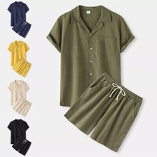 Men Cotton Linen Short Sleeve Casual Set T-Shirt Tops Shorts Asian size