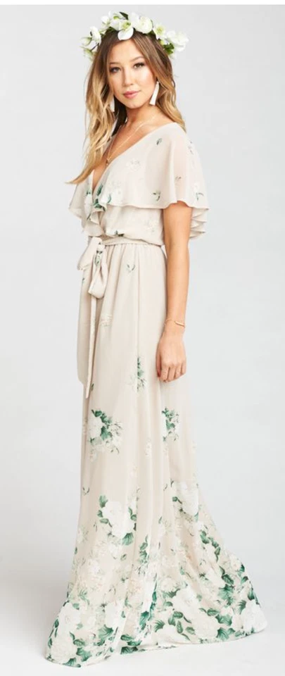 Maxi Vestido Show Me Your Mumu Floral Volantes Beige Verde Pequeño Invitado Boda Foto 2 de 4