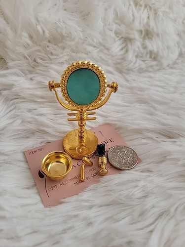 Rare Vintage Brass Miniature Dollhouse Shaving Set with Mirror & Razor OOAK - Picture 3 of 3