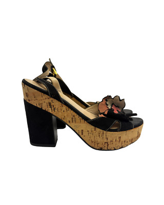 Women's Luxury Fashion Prada Flower Chunky Suede Platform Heels Size 8