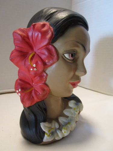 Busto Hula ragazza hawaiana vintage ceramica ibisco polinesiano 6,75"T anni 60 - Foto 4 di 10