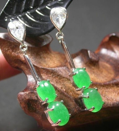 Genuine Green Jade Cabochon Cubic Zirconia Teardrop 18KGP Stud Dangle Earrings - Picture 8 of 9
