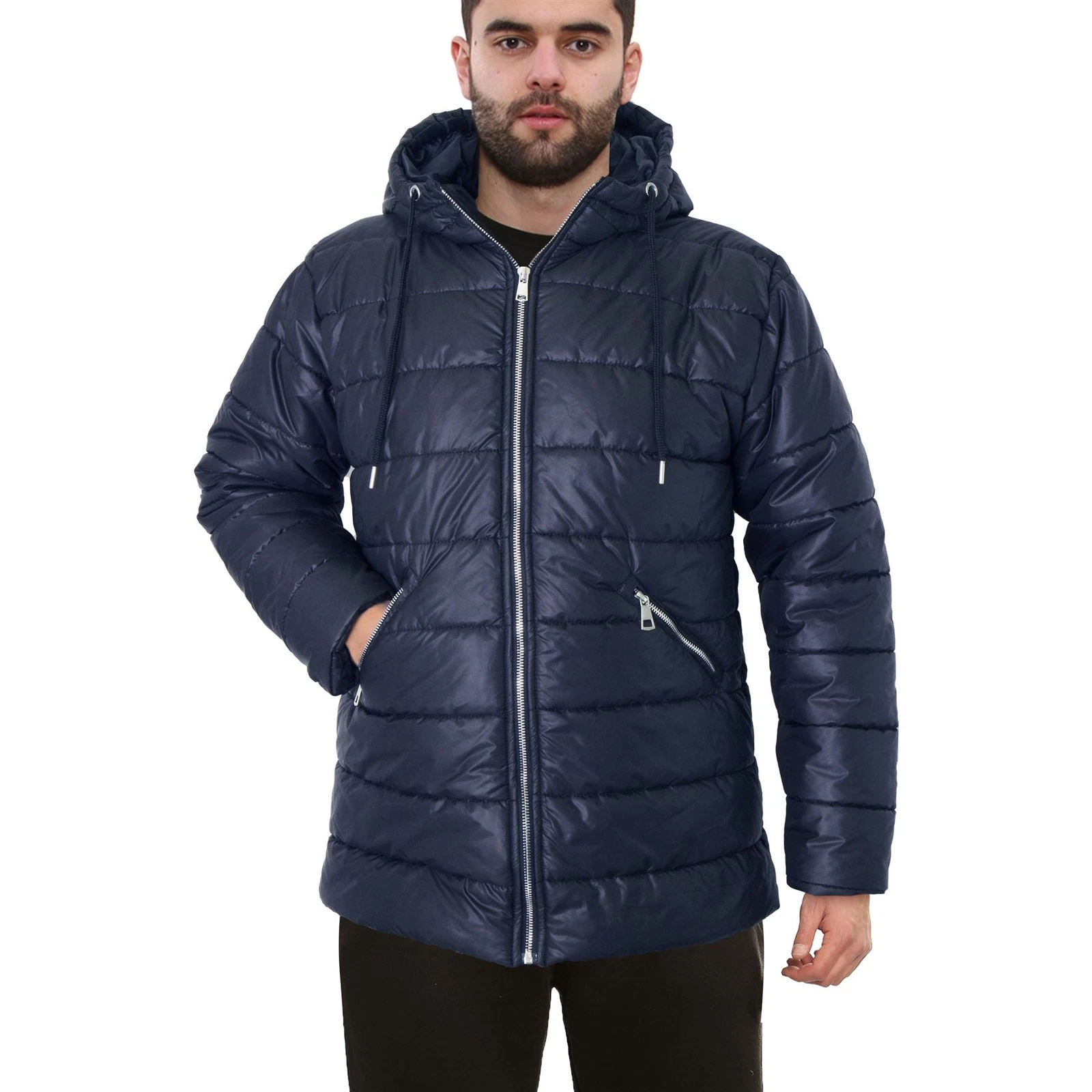 Mens Ladies Zipped Pockets Jacket Navy Puffer Jacket Long Sleeves Coat
