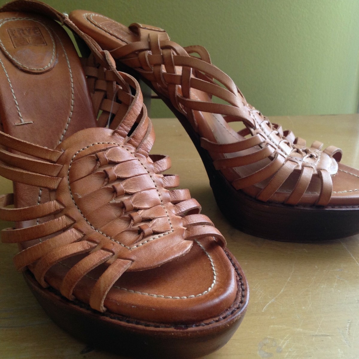 NEW! FRYE Joy Huarache Caged Brown Sling Leather Platfom Heels