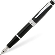Cross Bailey Fountain Pen, Black Lacquer & Chrome, Medium Nib, New In Box, Metal