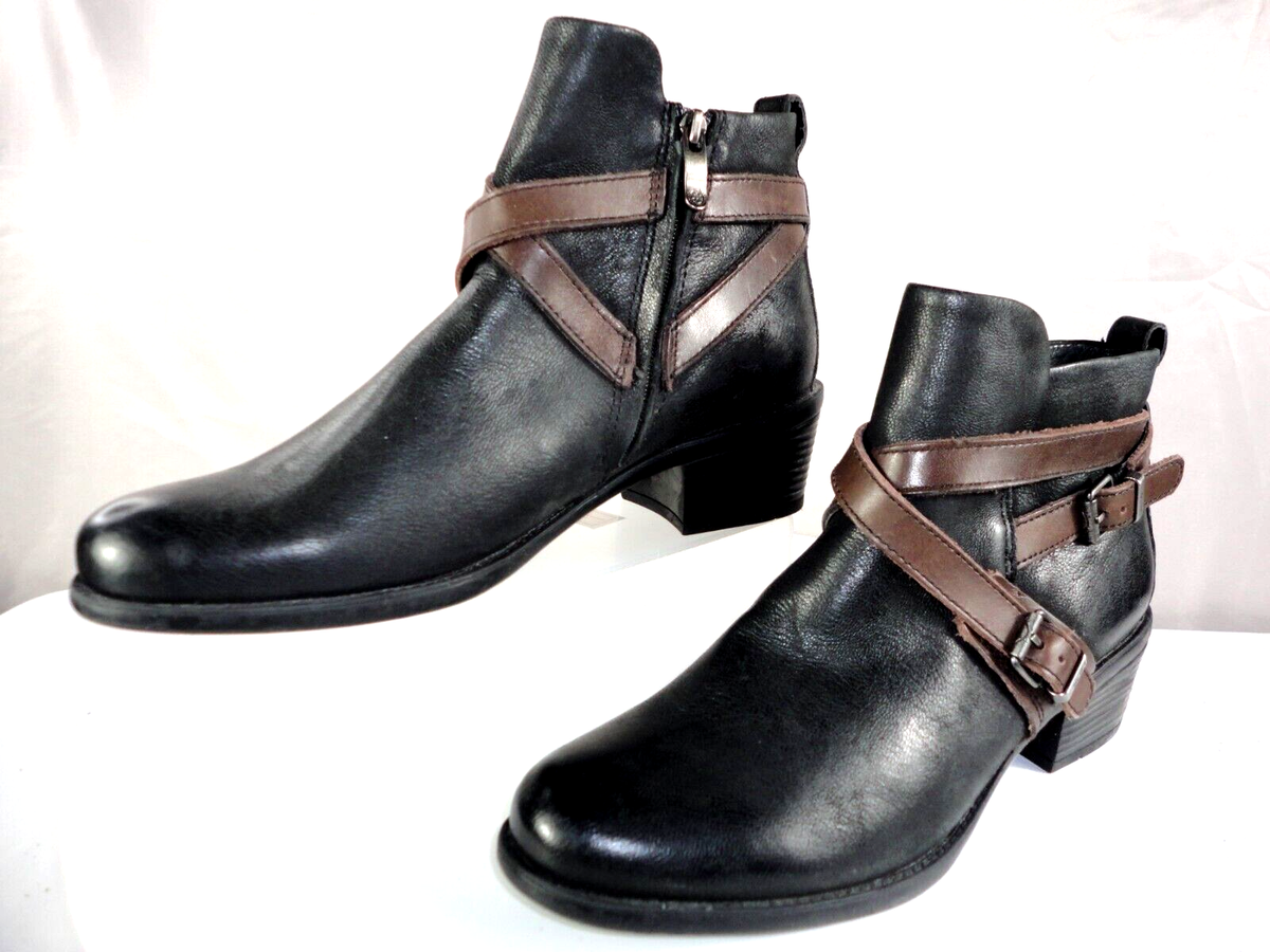 Bussola Black Leather Ankle Strappy Zippered Boots Women