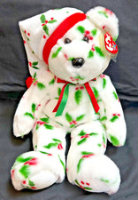 TY Holiday Teddy Bear 14" Plush Beanie Baby White Holly 1998 2002 Tag Protector