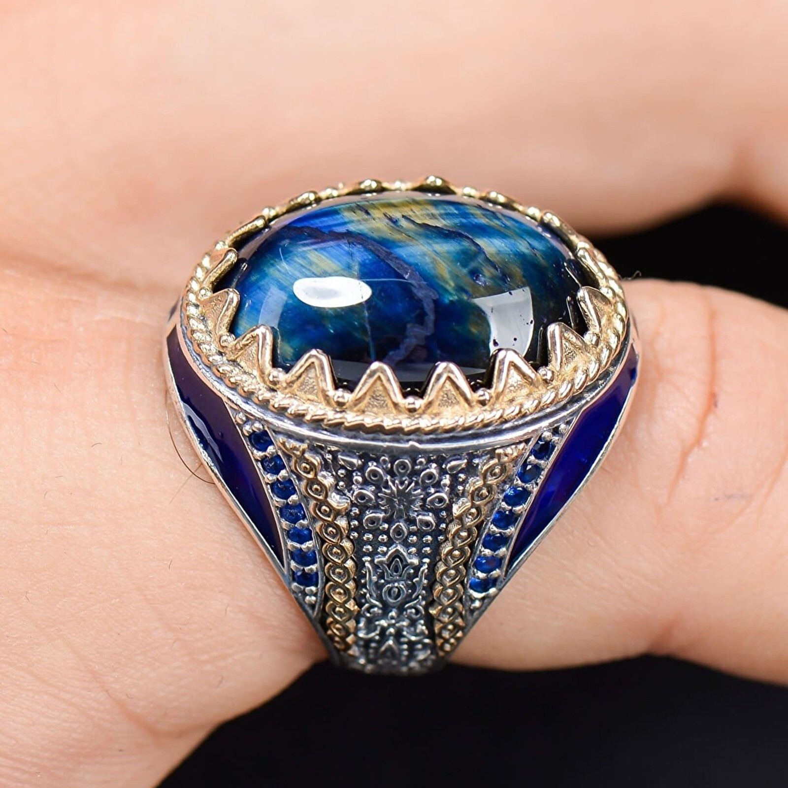 Handmade Natural Blue Tigger's Eye Vintage Genuine 925 Sterling Silver