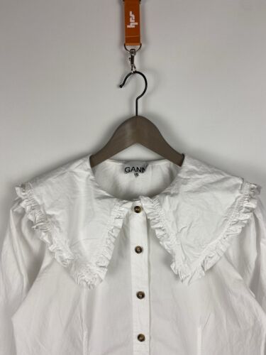 PVP $205 GANNI Camisa Blanca Algodón Gran Tamaño Cuello con Volantes Talla 38 - Imagen 3 de 19