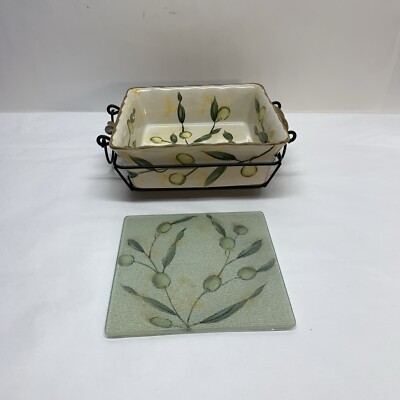 Temptations By Tara retired Napoli 2 Qt Square Baking Dish Metal Rack Trivet Set