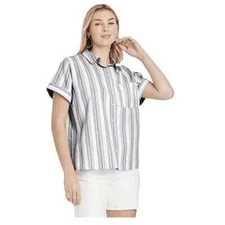 Universal Thread Women's Size S Short Sleeve Button Down Shirt Gray Stripe NEW