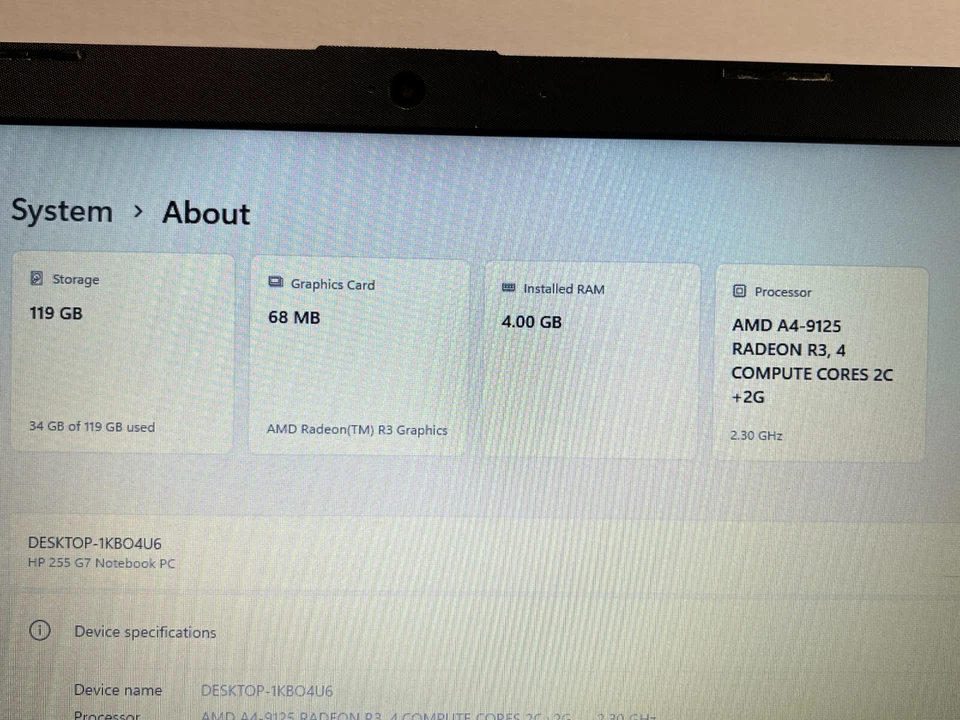 HP 255 G7 AMD A4-9125 15.6" Screen 128GB SSD 4GB Ram Windows 11 Pro Laptop - Image 3 of 4