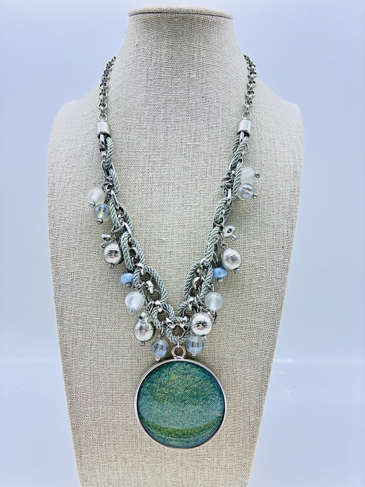 CHICOS Signed Silver Tone Beaded Statement Neckla… - image 1