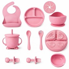 Pink Silicone Baby Feeding Set Led Weaning Suction Bowl Plate Bib Cup Utensil