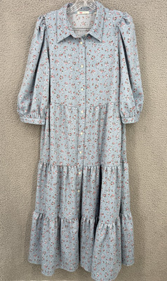 Levi's Women's Blue Cynthia Puff-Sleeve Tiered Midi Shirt Dress Womens L