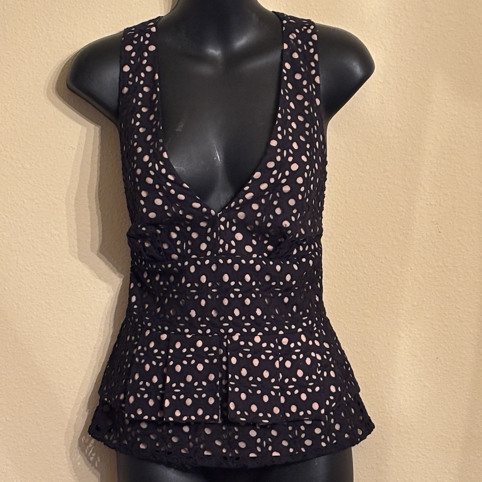 BCBG Top Women Sz S Black Whimsical Romantic Eyelet 'Karlie' Peplum VTG Halter