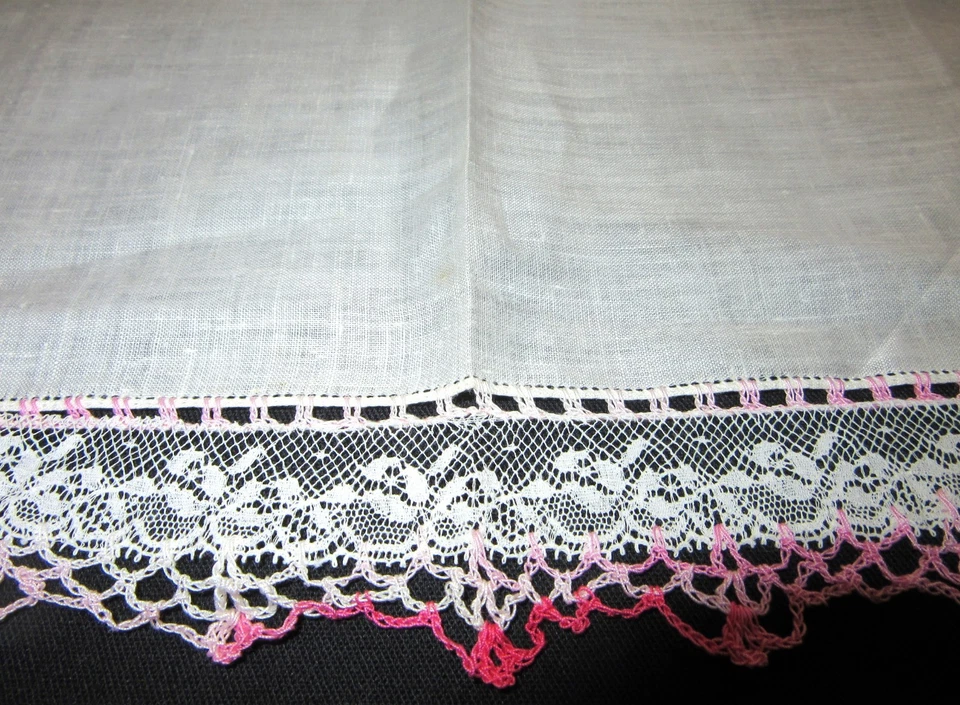 Vintage Hankie Irish Linen Wedding Shades of Pink Crochet Lace Trim 14" X 14" - Image 3 of 4