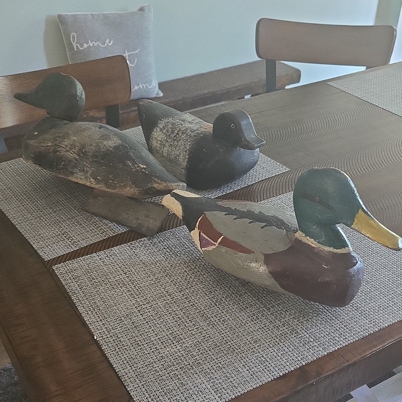 Vintage Wooden Mallard & Blue Bill Duck Decoys Set Antique Solid Body