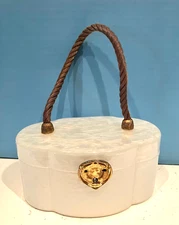 VTG WILARDYIVORY MARBLED PEARLIZED LUCITE PURSE, GOLD ROPE HANDLE, 1950'S