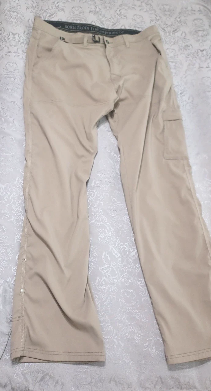 Prana Mens Hiking Pants Sz 42x36 Beige Stretch Roll Up Pockets Travel Outdoor