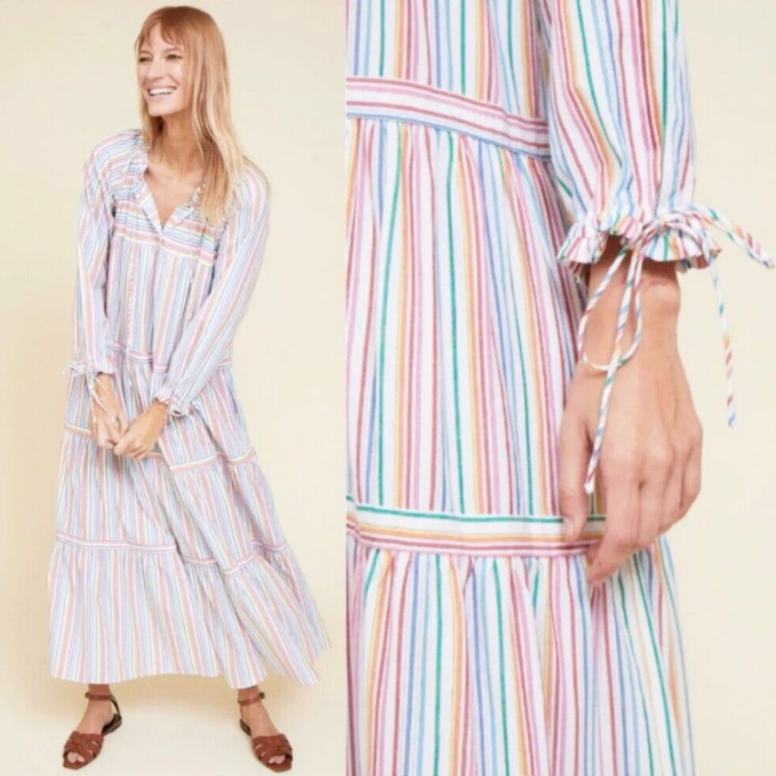 Warm Colonial Rainbow Stripe Cotton Button Front Midi Dress 0 XS